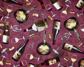 Classy New Tossed Wine Bottles on Merlot Color Print Pure Cotton Fabric from Timeless Treasures--By the Yard