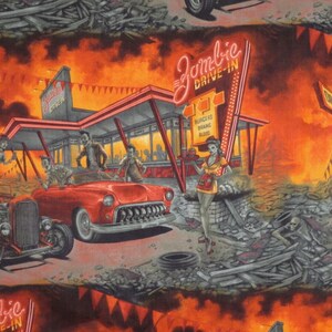 Orange and Gray Zombie Drive In Print Pure Cotton Fabric from Alexander Henry --By the Yard