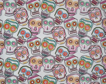 REMNANT--Colorful Skulls Chuchulucos Print on White Cotton Fabric by Alexander Henry--2 YardS