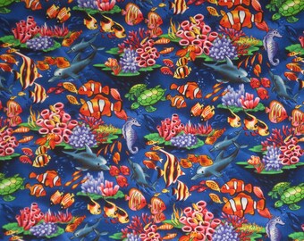 REMNANT--Vibrant Undersea Tropical Fish Print Pure Cotton Fabric from TransPacific--ONE Yard