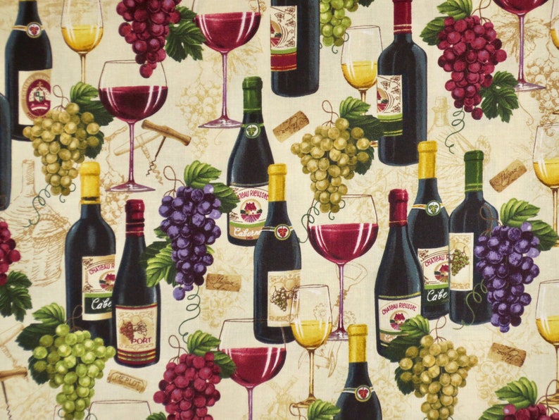 Classic Wine Bottles With Grapes Print Pure Cotton Fabric From Etsy