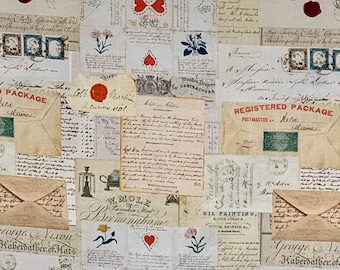 May include: A collage of vintage ephemera, including aged letters, envelopes, and stamps. The design features handwritten script, floral and heart illustrations, and wax seals in red. The overall aesthetic is antique and nostalgic.