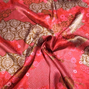 Fuchsia Pink and Olive Green Patchwork Collage  Print Pure Silk Charmeuse Fabric--By the Yard