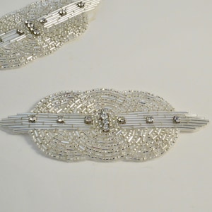 SIlver Beaded Deco Design Applique with Rhinestones--By the Piece