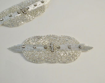 SIlver Beaded Deco Design Applique with Rhinestones--By the Piece