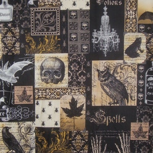 May include: A patchwork design featuring gothic and Halloween-themed illustrations. The design includes skulls, bats, spiders, ravens, and the word "Nevermore." The color palette is primarily black, white, and gold, creating a spooky and elegant aesthetic.