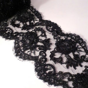 Black on Black Floral Design Beaded Alencon Lace Trim 6&quot; Wide--By the Yard