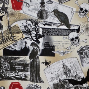 Red and Black on Beige Spooky Collage Halloween Print Pure Cotton Fabric from Timeless Treasures--By the Yard