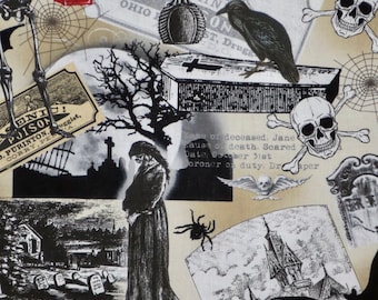 May include: A digital collage of Halloween-themed images, including a skeleton, a crow, a coffin, a tombstone, a spider, and a bat. The background is a beige color with black and white illustrations.