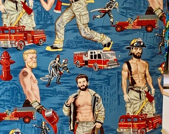 Hunky Firemen on Blue Feel the Heat Large Print Pure Cotton Fabric from Alexander Henry--By the Yard
