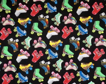 Bright Small Roller Skate Print on Black Pure Cotton Fabric from Elizabeth's Studio--By the Yard