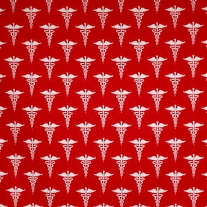 May include: A red fabric with a repeating pattern of white medical caduceus symbols.