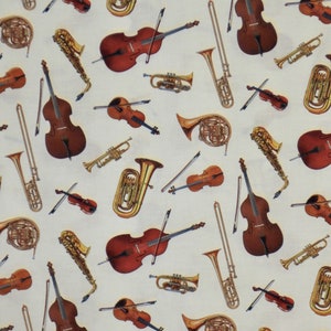 Tossed Classical Musical instruments Print on white Pure Cotton Fabric from Elizabeth&#39;s Studio--By the Yard