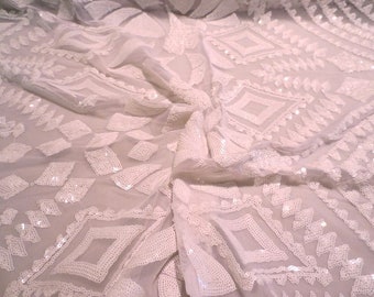 REMNANT--White on White Fabulous Deco Design Stretch Sequin Embroidered Tulle Fabric-- 34 INCHES