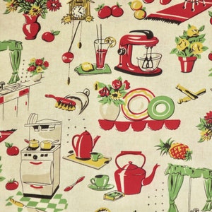 Charming 50&#39;s Kitchen Decor and Appliances Print in Red and Green on Cream Pure Cotton Print from Michael Miller--By the Yard
