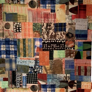 May include: Abstract textile art piece composed of various fabric patches in a patchwork design. The artwork features a mix of patterns, including stripes, plaids, and polka dots, in a palette of blues, reds, oranges, and neutral tones.