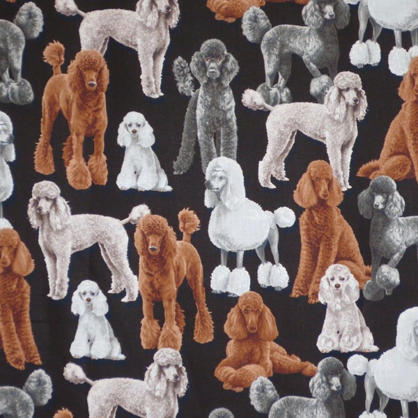 Handsome all Kinds of Poodle Dogs on Black Print Pure Cotton Fabric--By the Yard