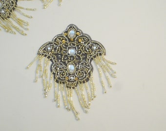 Unique Gray Silver and Champagne Color Beaded Fringed Applique--By the Piece