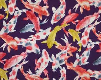 Brilliant Coral and Gold on Purple Koi Fish Print Pure Cotton Fabric from Trans Pacific--By the Yard