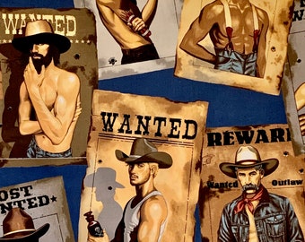 Western  Wanted Poster Hunky Guys on Blue Print Pure Cotton Fabric from Alexander Henry--By the Yard