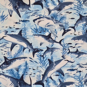 Shades of Blue and White Swimming Sharks of all Kinds Print Pure Cotton Fabric from Timeless Treasures--By the Yard
