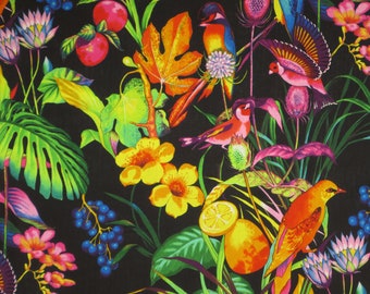 Gorgeous A Rainbow Rainforest Tropical Bird Print on Black Pure Cotton Fabric from Alexander Henry--By the Yard