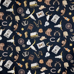 The Wild West Tossed Cowboy Motifs on Midnight Navy Print Pure Cotton Fabric from Dear Stella--By the Yard