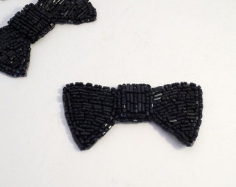 Jet Black Beaded Bow Motif Applique--One Piece