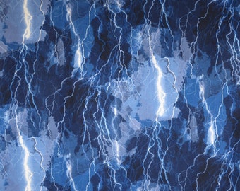 Blue Cracking Lightning Bolts Stormy Sky Print Pure Cotton Fabric from Timeless Treasures--By the Yard