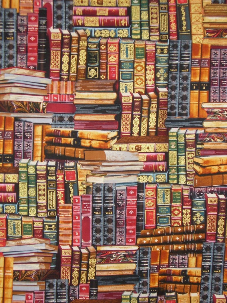 Library Books Print in Reds with Metallic Gold Pure Cotton Fabric from Timeless TreasuresBy the Yard image 2