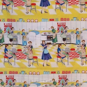 May include: A yellow and white patterned fabric with a repeating image of women in a kitchen. The women are wearing aprons and are preparing food. The kitchen has white cabinets, a red and white checkered floor, and a yellow countertop.
