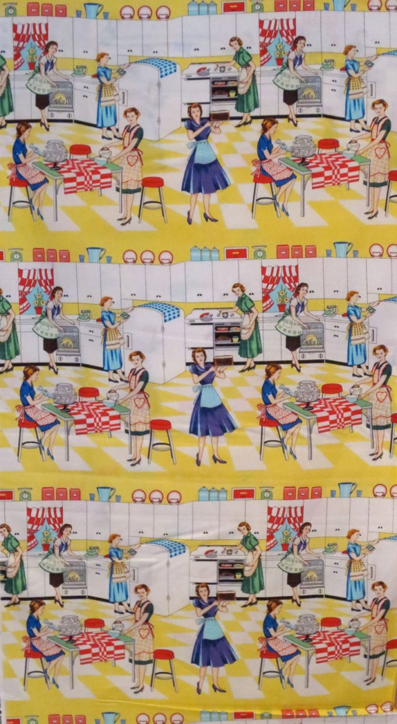 May include: A yellow and white patterned fabric with a repeating image of women in a kitchen. The women are wearing aprons and are preparing food. The kitchen has white cabinets, a red and white checkered floor, and a yellow countertop.