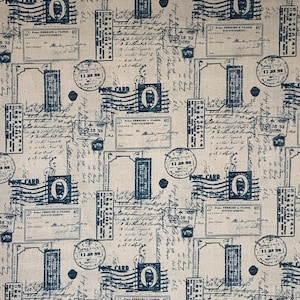 Tissu 100 % coton imprimé Post-It bleu indigo sur ivoire, timbre-poste vintage de Michael Miller -- par mètre