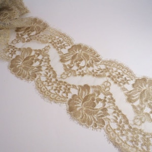 Metallic Gold and Ivory Rose Pattern French Chantilly Lace Trim--By the Yard
