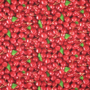 Bright Red with Green Packed Cherries Print Pure Cotton Fabric from Elizabeth&#39;s Studio--By the Yard