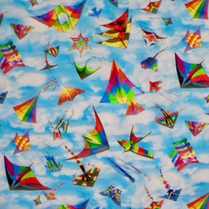 Cheerful Rainbow Kites of All Kinds on Sky Print Pure Cotton Fabric from Elizabeth&#39;s Studio--By the Yard