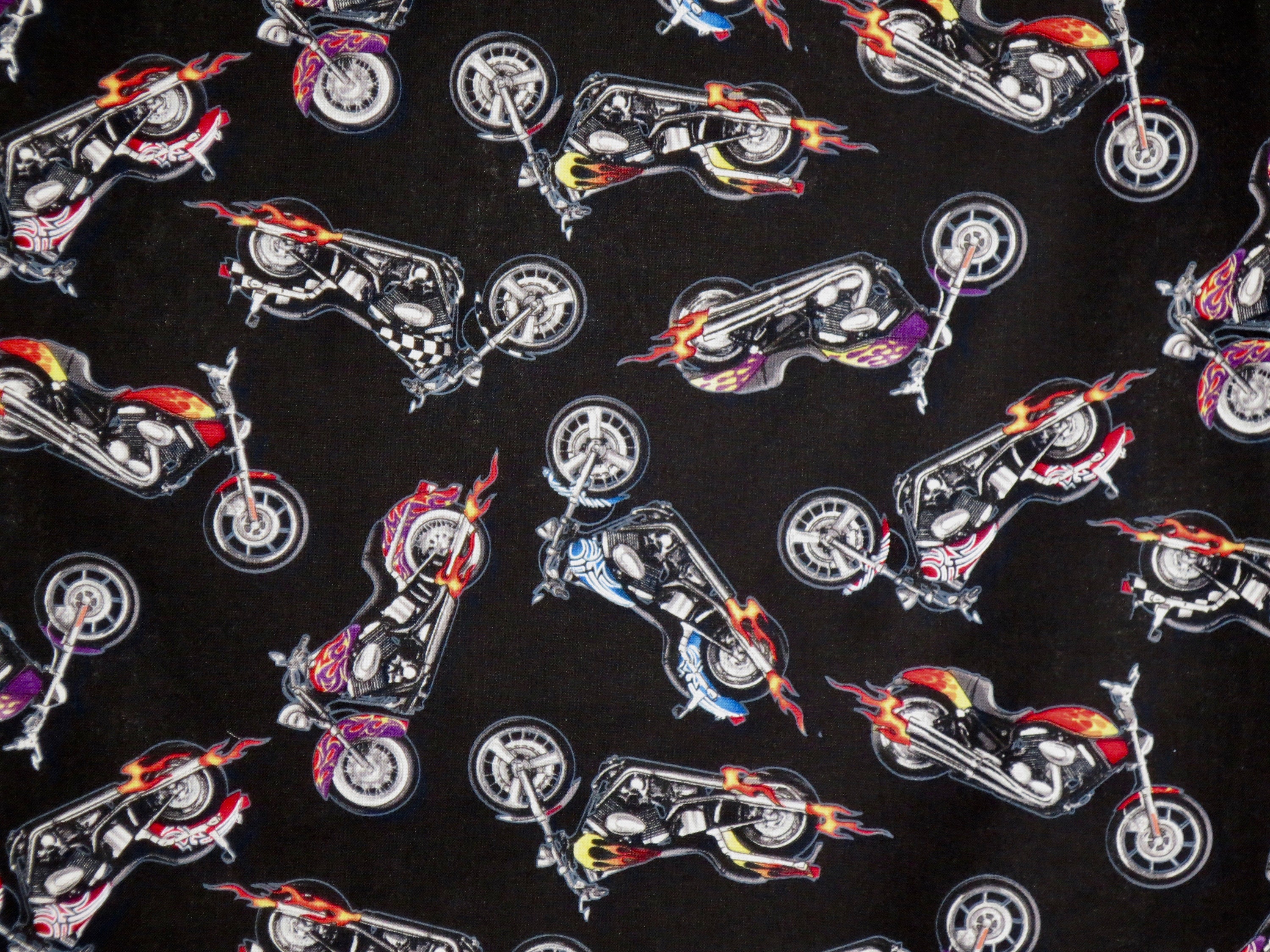 Colorful Tossed Biker Motorcycles With Flames Print on Black Pure ...