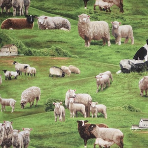 Grazing Sheep and Watchful Border Collies on Green Print Pure Cotton Fabric--By the Yard