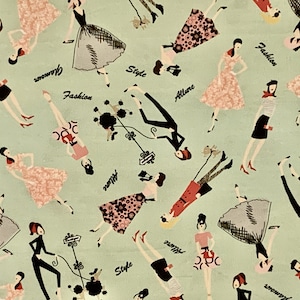 Retro Fashionista Diary Print on Mint Green Pure Cotton Fabric from Michael Miller--By the Yard