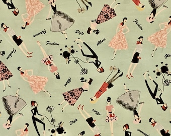 Retro Fashionista Diary Print on Mint Green Pure Cotton Fabric from Michael Miller--By the Yard