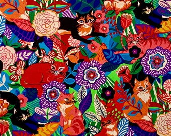 Chamomile Cats Dramatic and Colorful Floral/Cat Print Pure Cotton Fabric from Alexander Henry--By the Yard