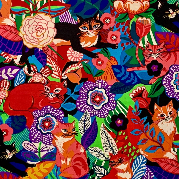 Chamomile Cats Dramatic and Colorful Floral/Cat Print Pure Cotton Fabric from Alexander Henry--By the Yard