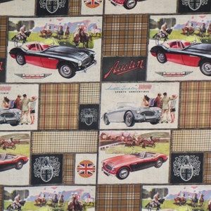 Tweedy Austin Healey Logo Retro Cars Patchwork Print Pure Cotton Fabric from Michael Miller--By the Yard