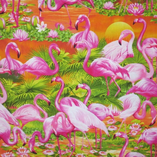 REMNANT--Stunning Sunset Flamingo Print Pure Cotton Fabric--3/8 Yard