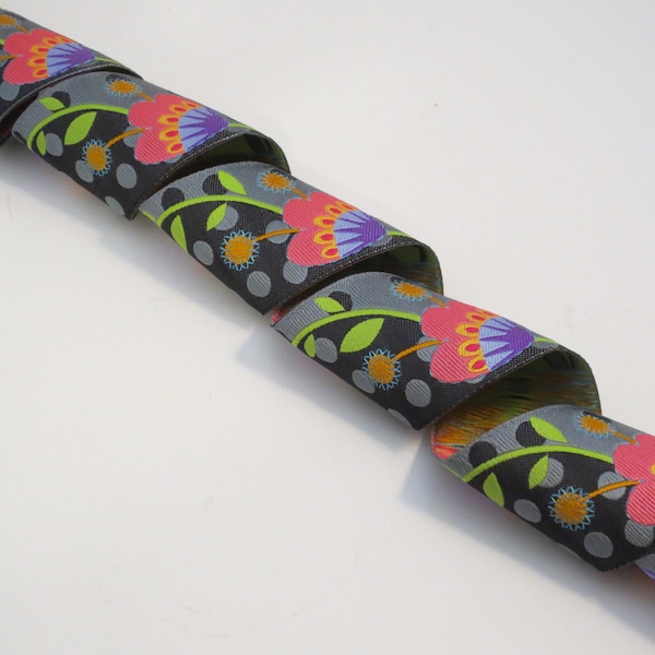 Elegant Gray and Black with Fuchsia Morning Glory Floral Design Jacquard Polyester Ribbon 1.5" Wide--By the Yard