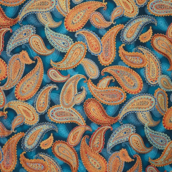 Teal and Terracotta with Metallic Gold TRIESTE Paisley Print Pure Cotton Fabric--1.75 Yard