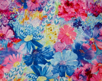 Dramatic Pink and Blue Paint Paradise Large Floral Digital Print Pure Cotton Fabric from Timeless Treasures--By the Yard