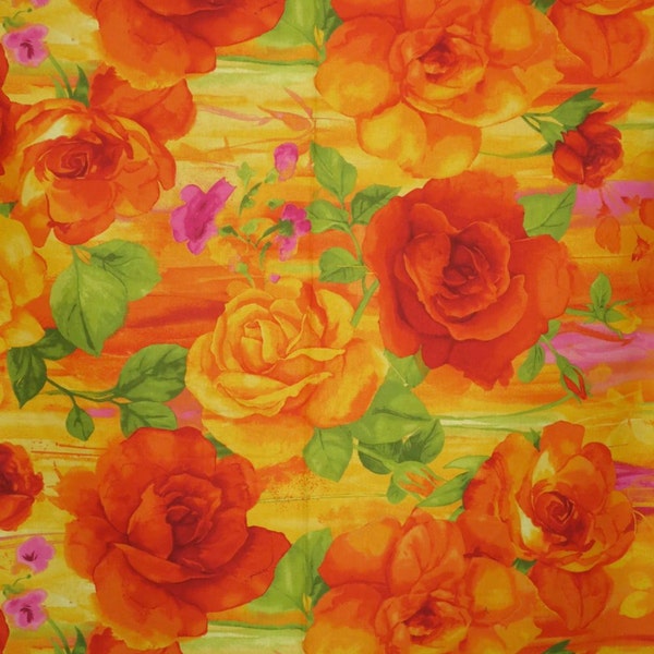 Stunning Red and Orange Huge Rosa Print Pure Cotton Fabric--One Yard