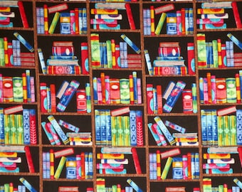 Cheerful Bright Library Books on Bookshelves Print Pure Cotton Fabric from Timeless Treasures--By the Yard