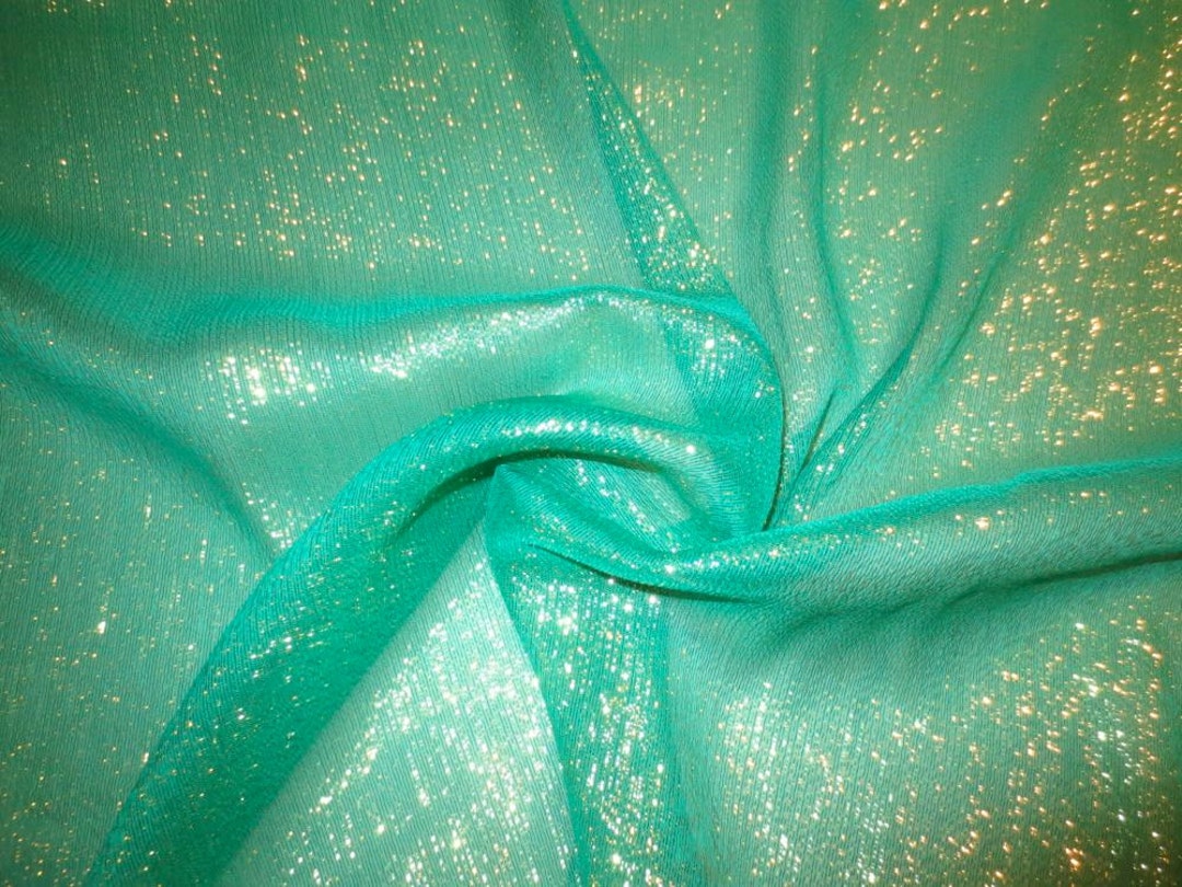 Emerald Green With Gold Metallic Silk Chiffon Fabric--by the Yard